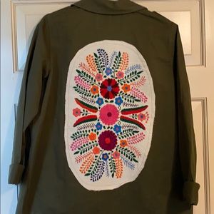 Army green button up jacket with patch work